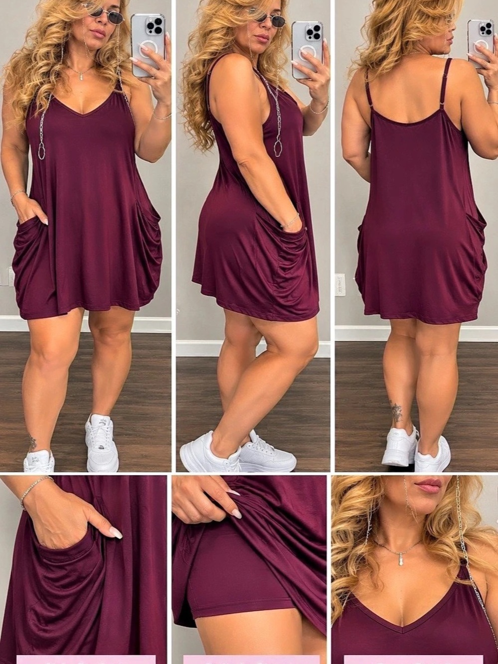 Burgundy Sleeveless Romper Dress With Pockets Size XL